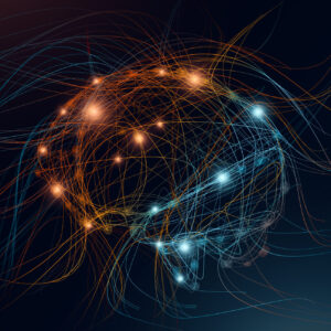 Conceptual illustration for artificial intelligence concept. Digital human brain shaped with colorful neural connection lines over dark background, creative futuristic design, panorama